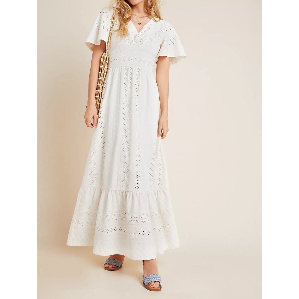 Maeve Anthropologie Rochelle Eyelet Maxi Dress Size S Boho Cottage Ivory Cream